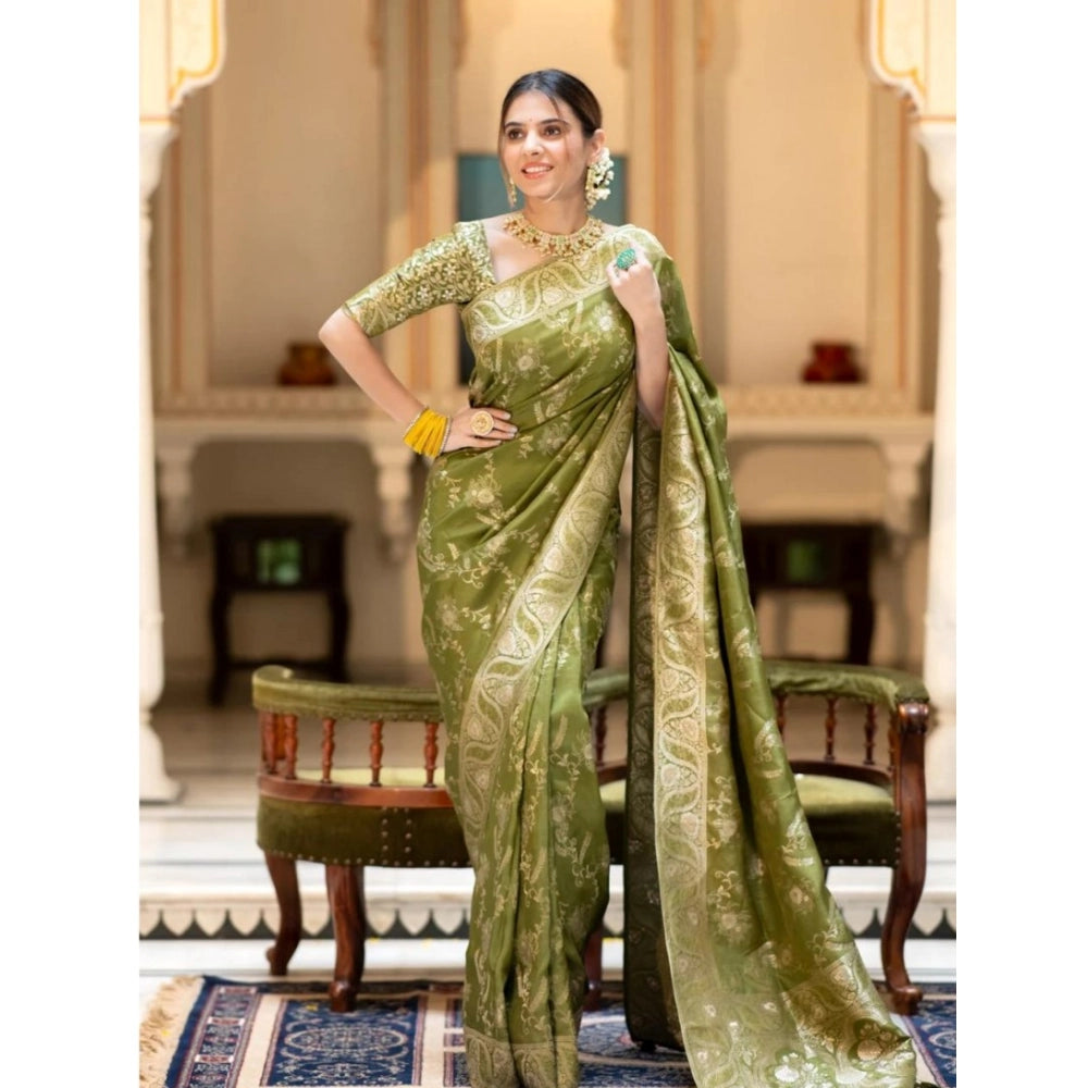 Women's Silk Printed Saree With Unstitched Blouse 5.5 Mtr (Olive Green)