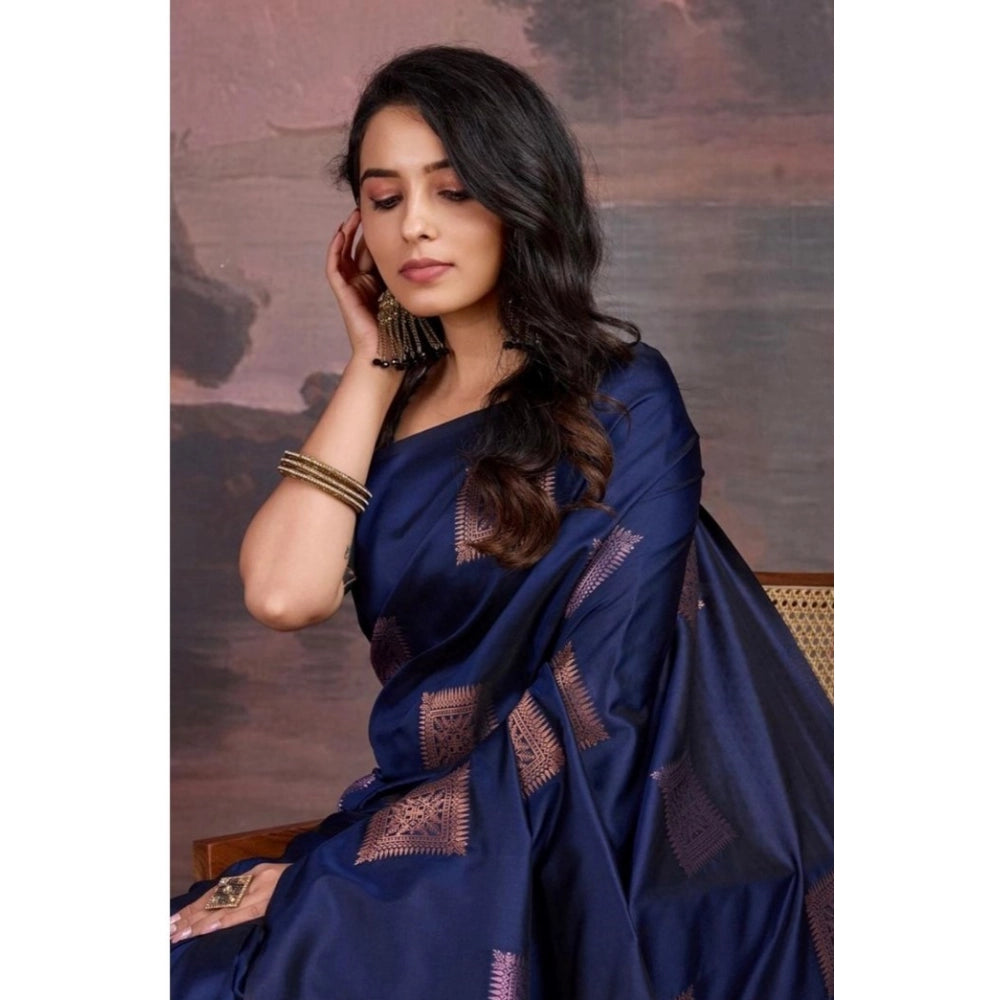Women's Silk Printed Saree With Unstitched Blouse 5.5 Mtr (Navy Blue)