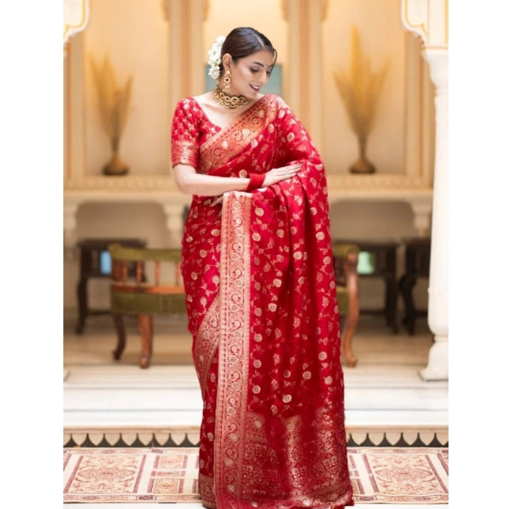 Women's Silk Printed Saree With Unstitched Blouse 5.5 Mtr (Red)