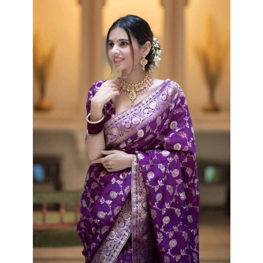 Women's Silk Printed Saree With Unstitched Blouse 5.5 Mtr (Purple)