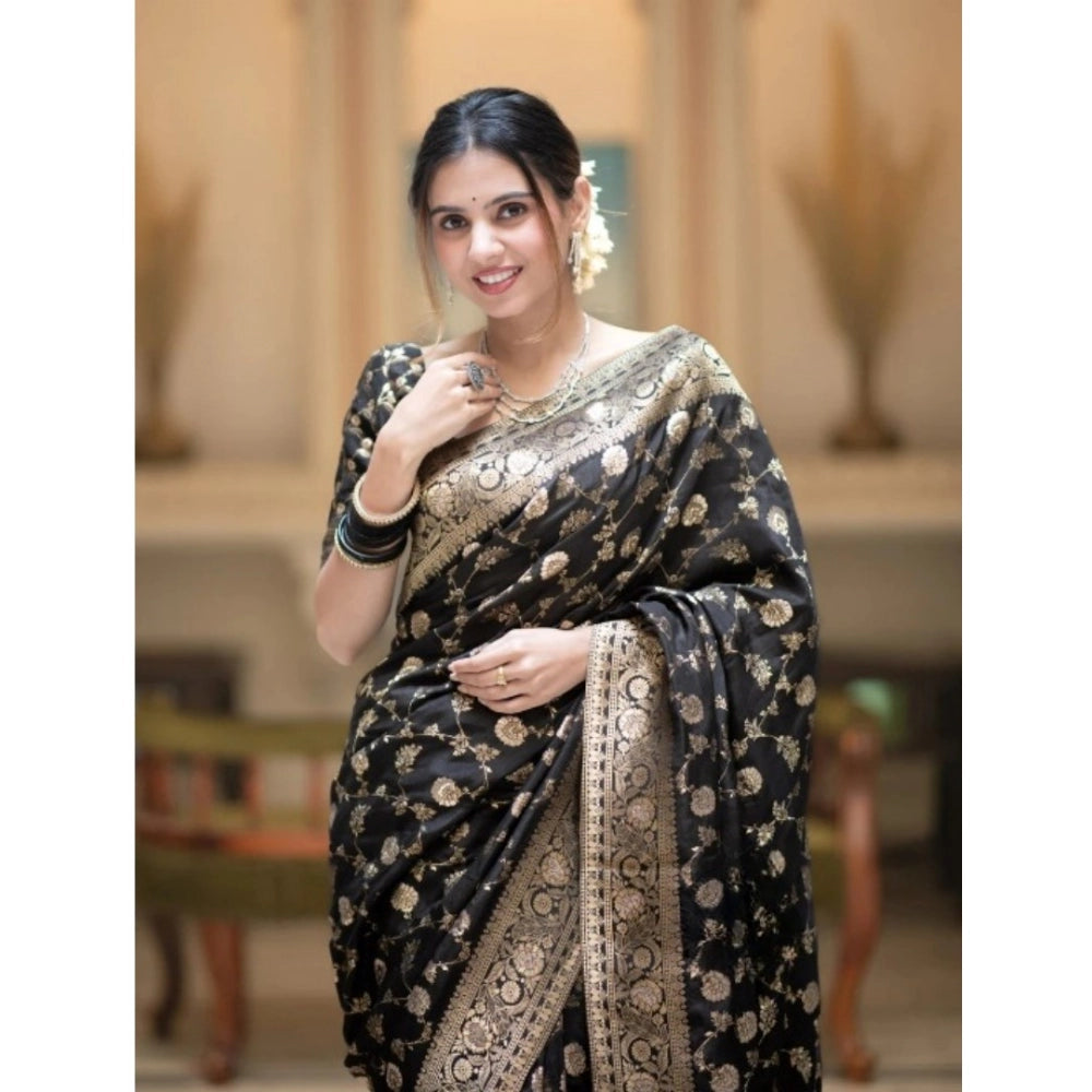 Women's Silk Printed Saree With Unstitched Blouse 5.5 Mtr (Black)