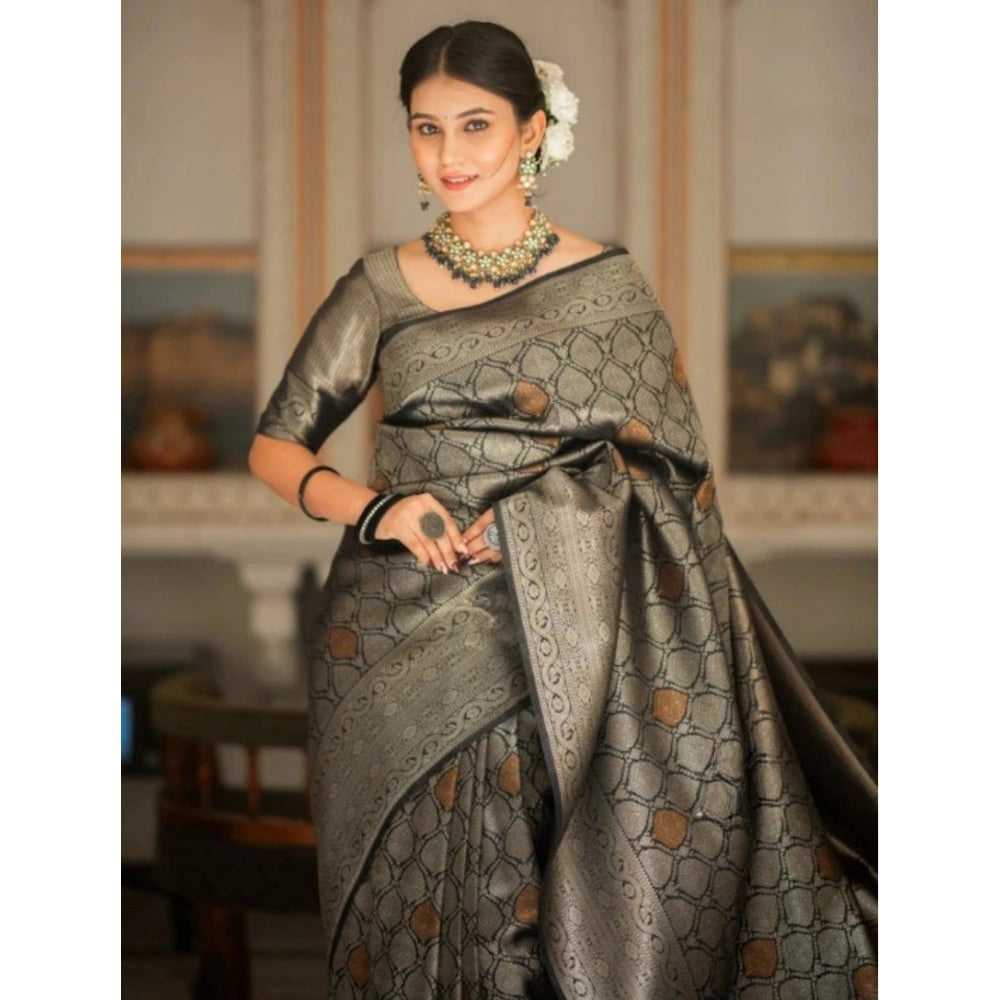 Women's Silk Printed Saree With Unstitched Blouse 5.5 Mtr (Black)