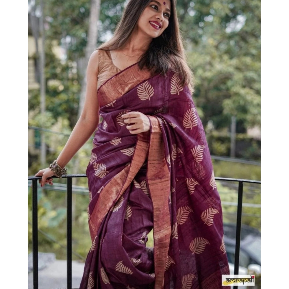 Women's Silk Printed Saree With Unstitched Blouse 5.5 Mtr (Purple)
