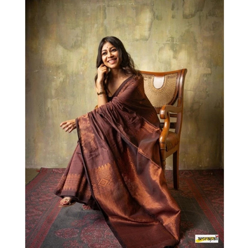 Women's Silk Printed Saree With Unstitched Blouse 5.5 Mtr (Coffee)