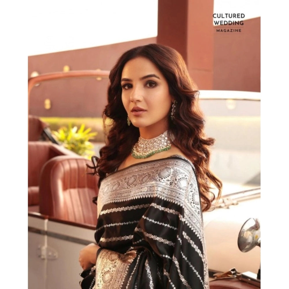 Women's Silk Printed Saree With Unstitched Blouse 5.5 Mtr (Black)