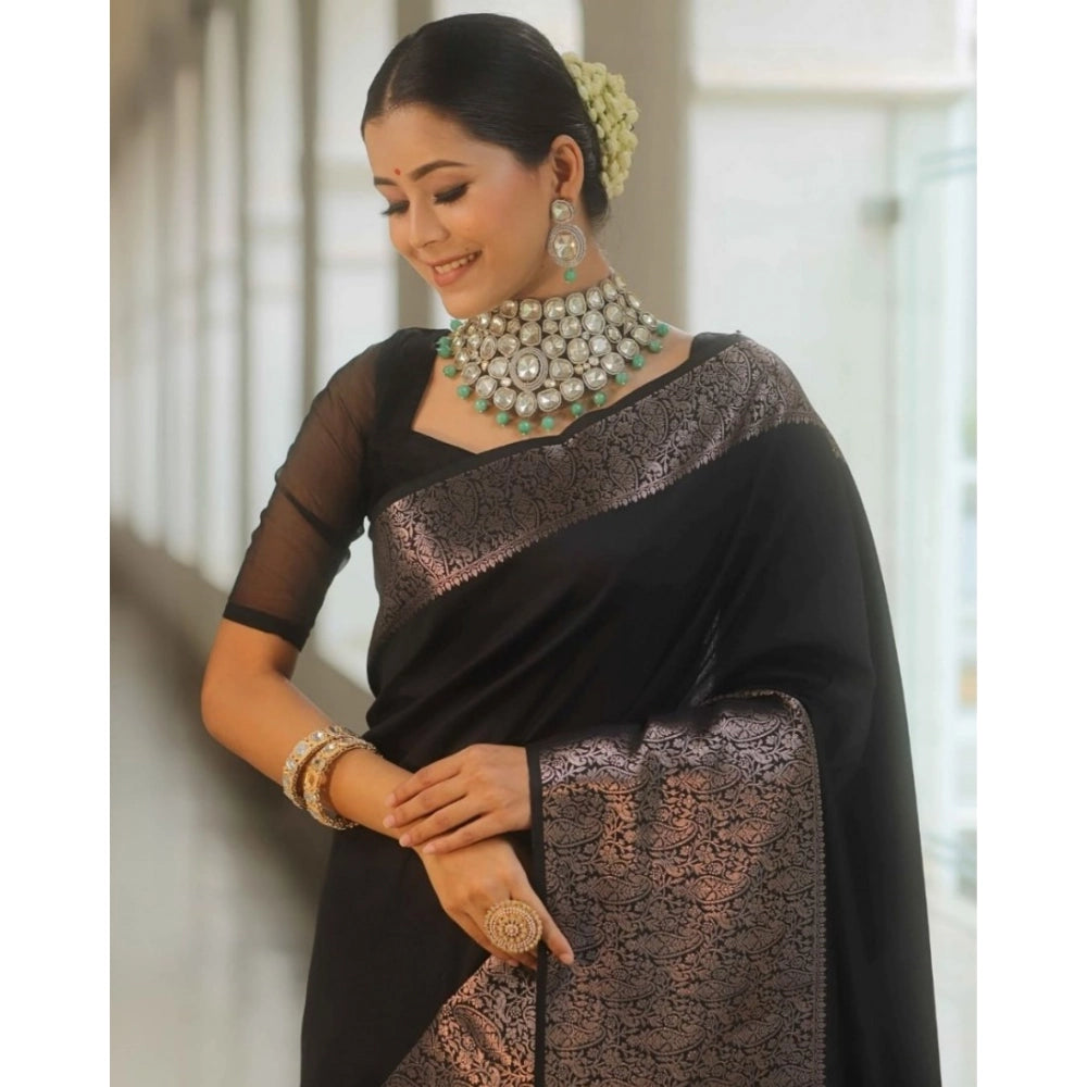 Women's Silk Printed Saree With Unstitched Blouse 5.5 Mtr (Black)