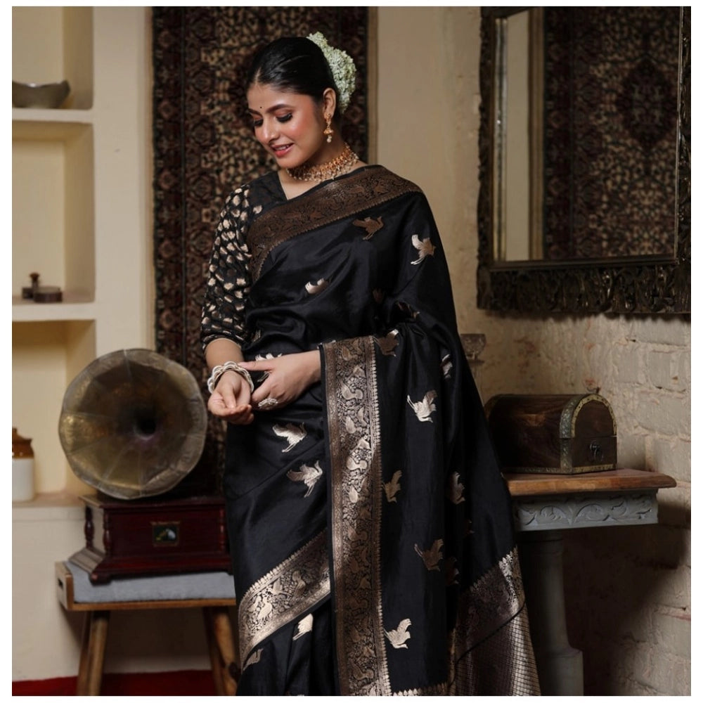 Women's Silk Printed Saree With Unstitched Blouse 5.5 Mtr (Black)