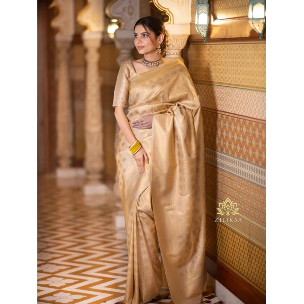 Women's Silk Printed Saree With Unstitched Blouse 5.5 Mtr (Cream)