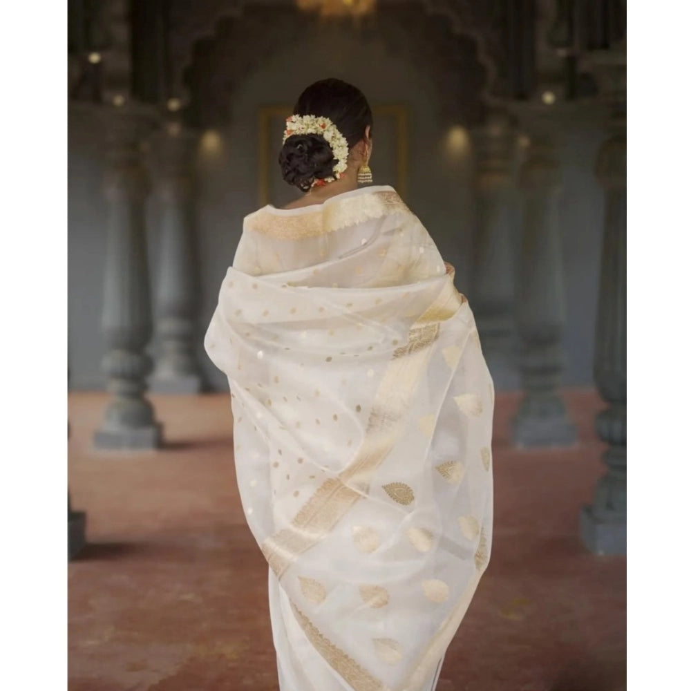 Women's Cotton Printed Saree With Unstitched Blouse 5.5 Mtr (White)