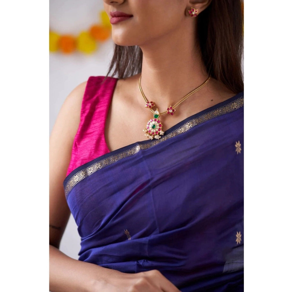 Women's Cotton Printed Saree With Unstitched Blouse 5.5 Mtr (Blue)