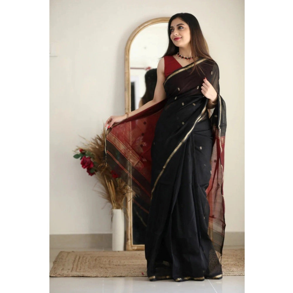 Women's Cotton Printed Saree With Unstitched Blouse 5.5 Mtr (Black)
