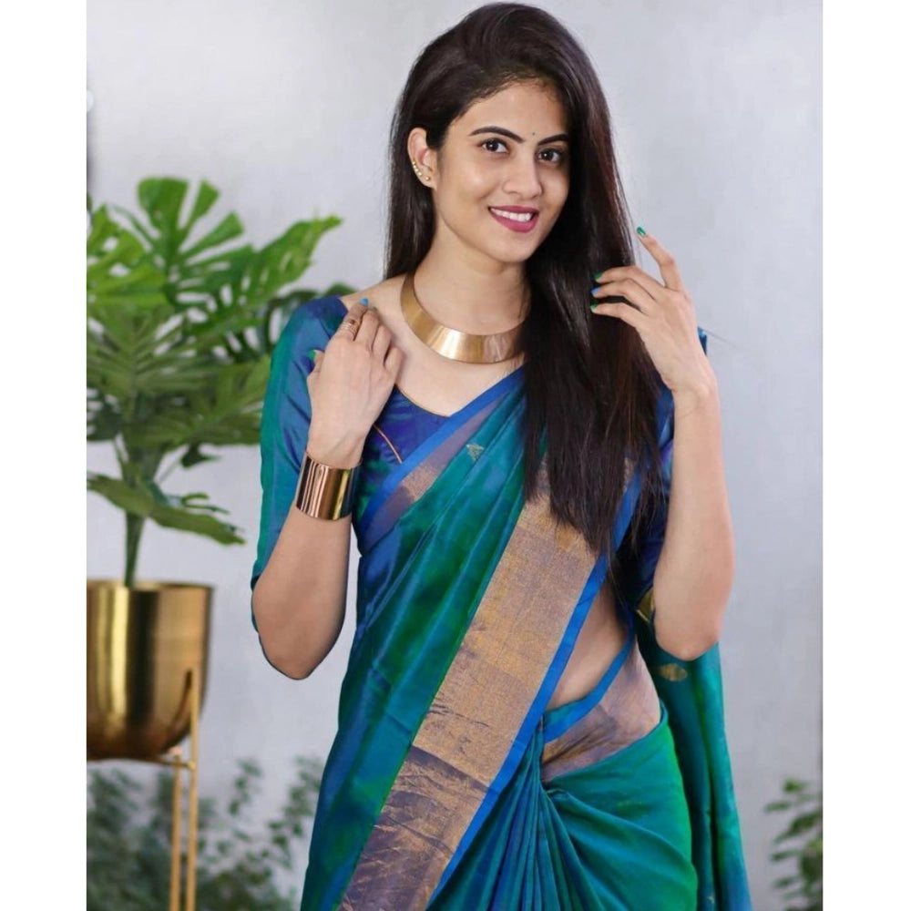 Women's Silk Printed Saree With Unstitched Blouse 5.5 Mtr (Blue)