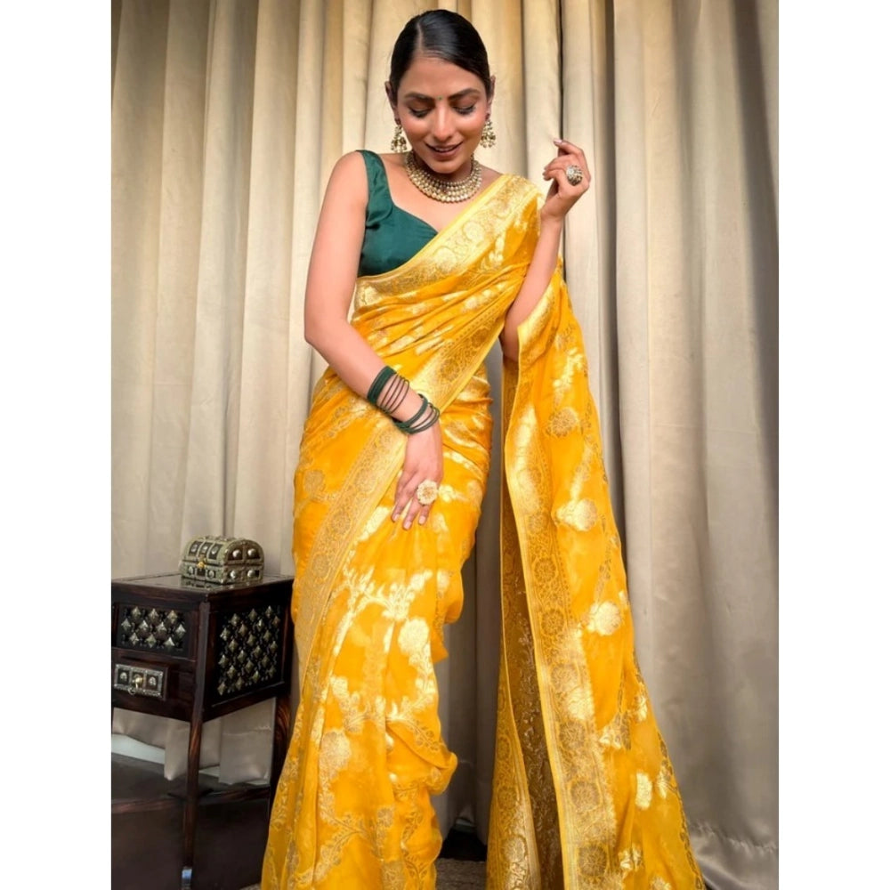 Women's Silk Printed Saree With Unstitched Blouse 5.5 Mtr (Gold Yellow)