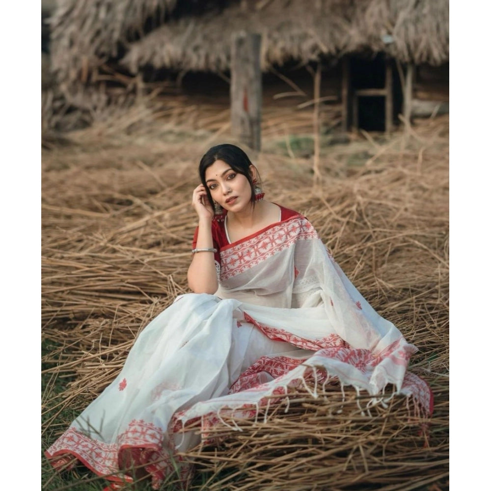 Women's Cotton Printed Saree With Unstitched Blouse 5.5 Mtr (White-Red)