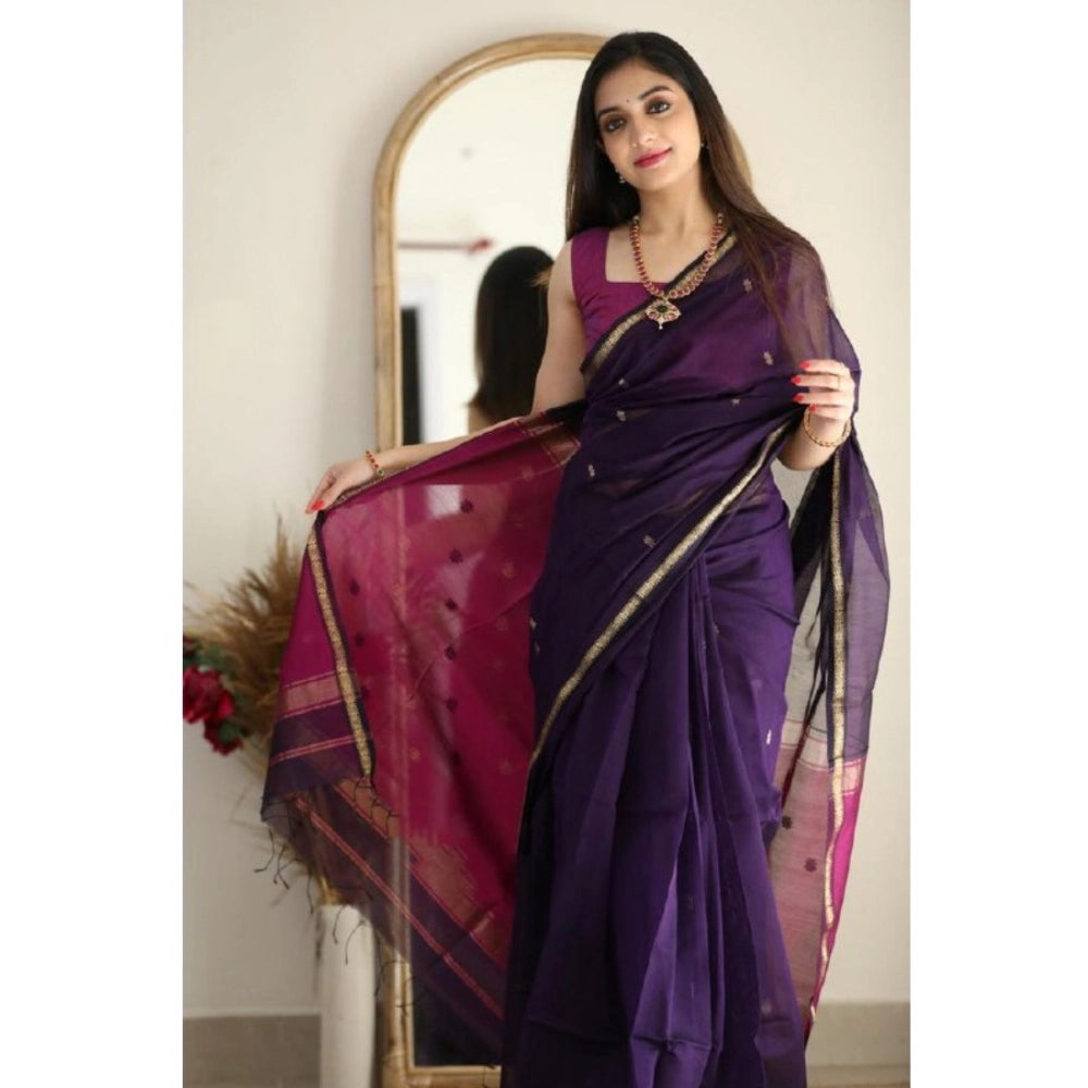 Women's Cotton Printed Saree With Unstitched Blouse 5.5 Mtr (Navy Blue)
