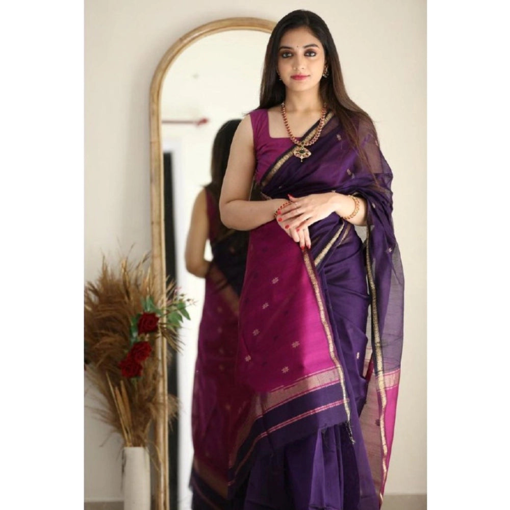 Women's Cotton Printed Saree With Unstitched Blouse 5.5 Mtr (Navy Blue)