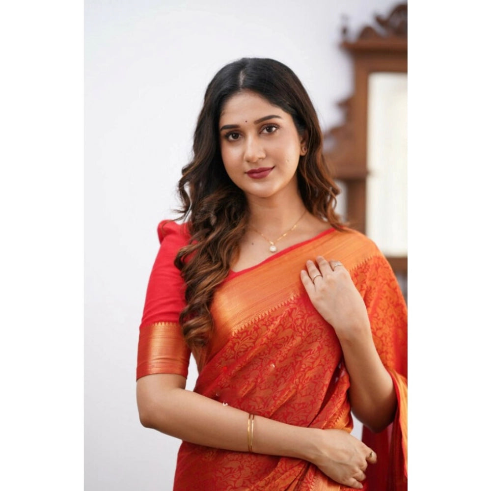 Women's Silk Printed Saree With Unstitched Blouse 5.5 Mtr (Orange)