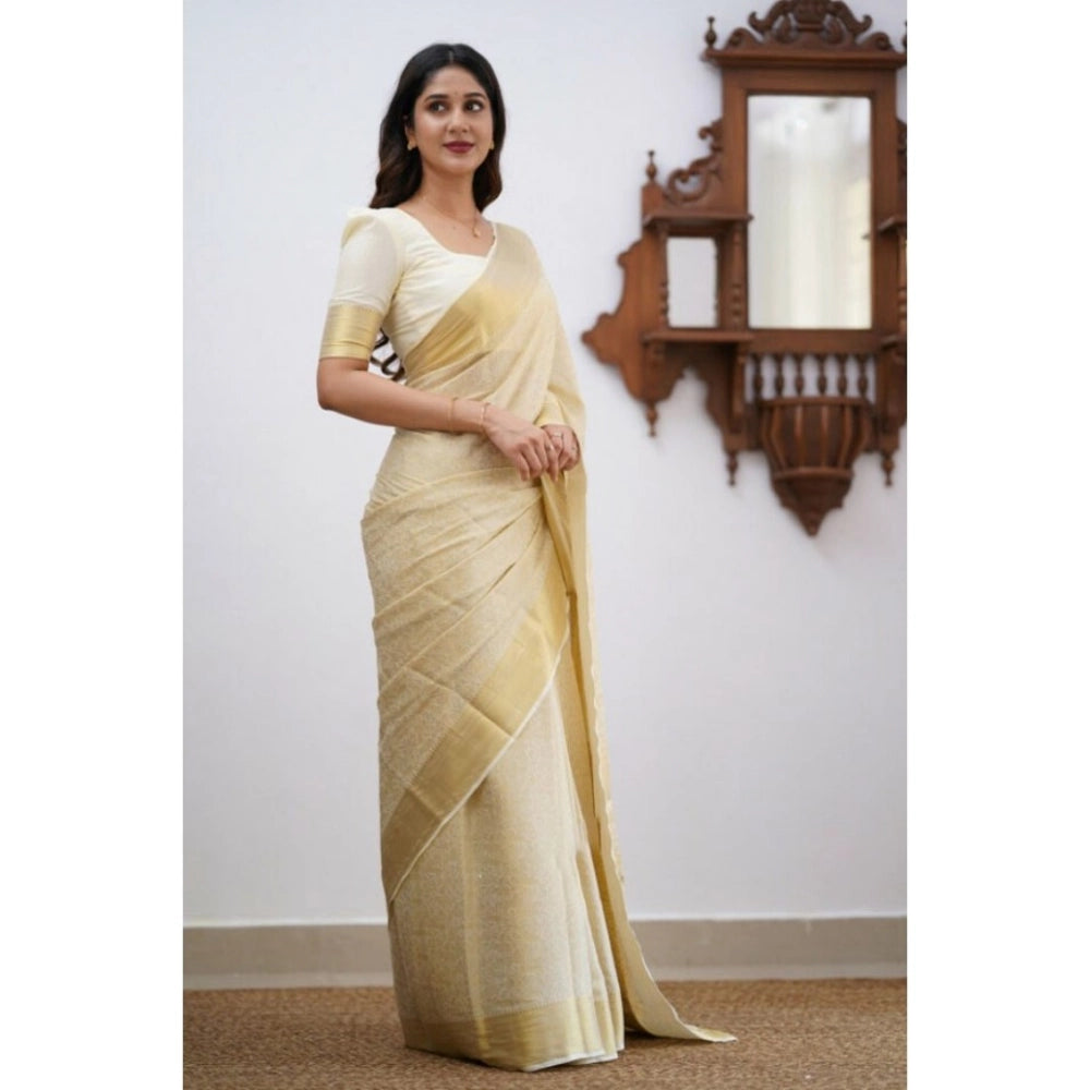 Women's Silk Printed Saree With Unstitched Blouse 5.5 Mtr (Cream)