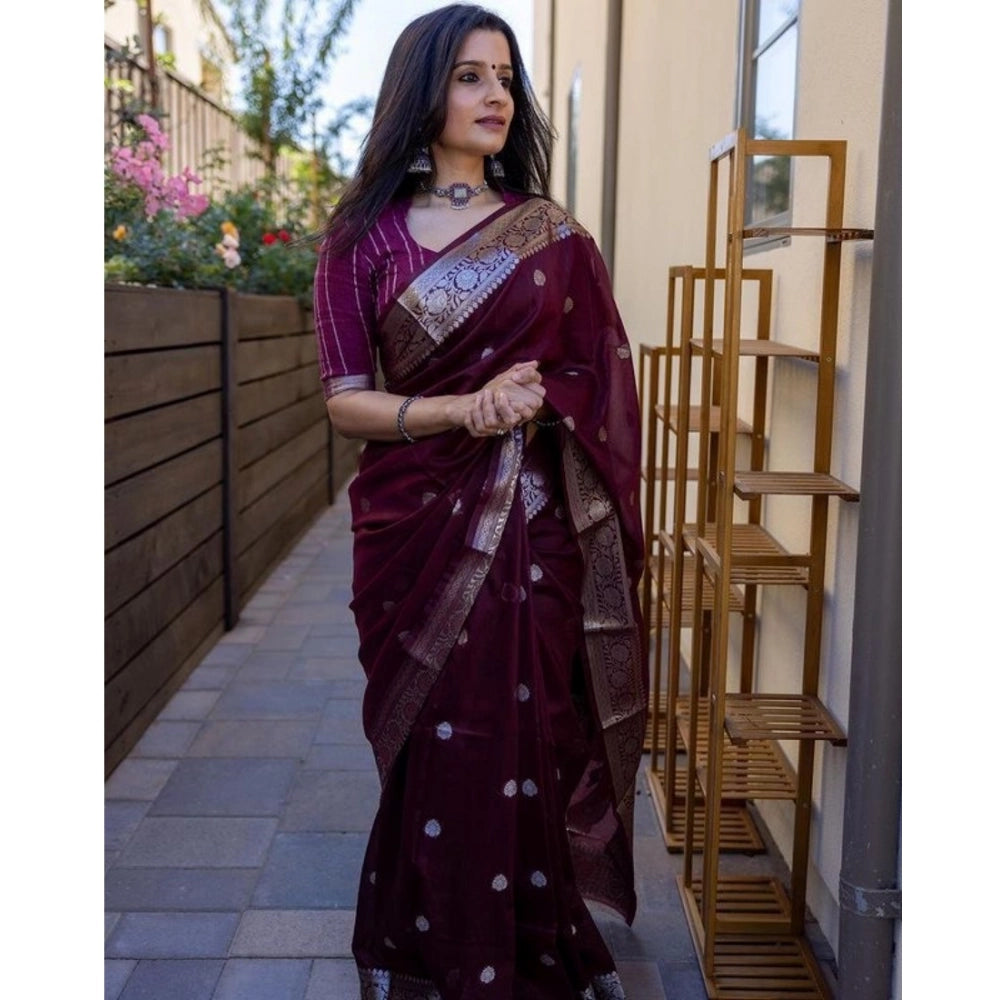 Women's Cotton Printed Saree With Unstitched Blouse 5.5 Mtr (Maroon)