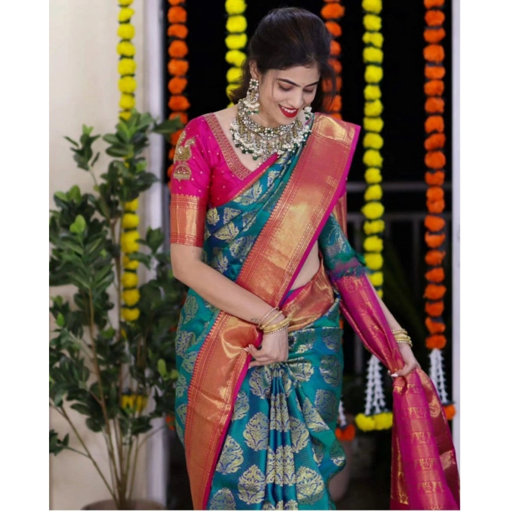 Women's Silk Printed Saree With Unstitched Blouse 5.5 Mtr (Teal Blue)