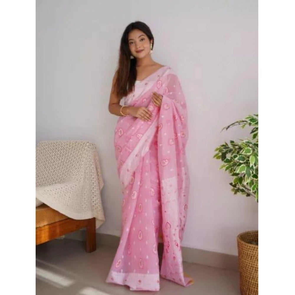 Women's Cotton Printed Saree With Unstitched Blouse 5.5 Mtr (Pink)