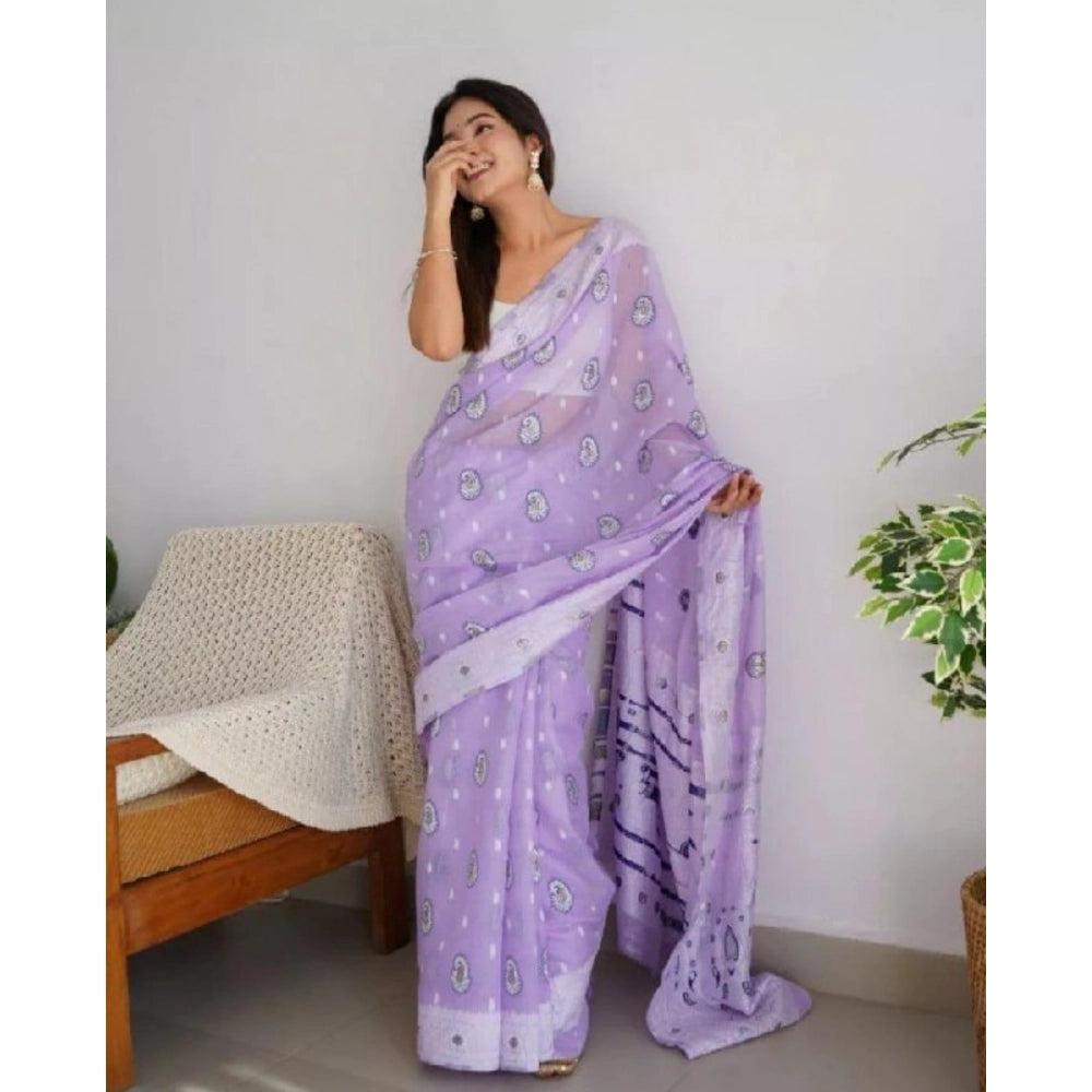 Women's Cotton Printed Saree With Unstitched Blouse 5.5 Mtr (Lavender)