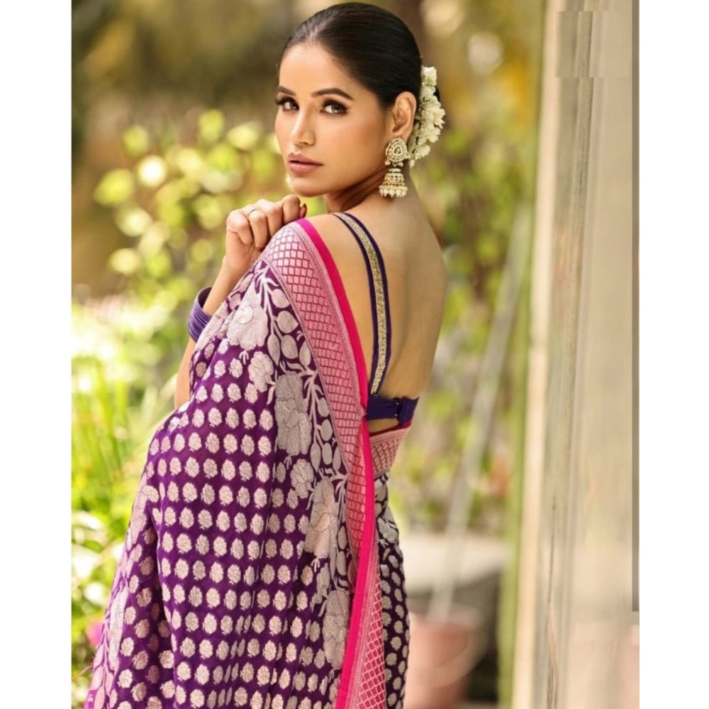 Women's Silk Printed Saree With Unstitched Blouse 5.5 Mtr (Purple)