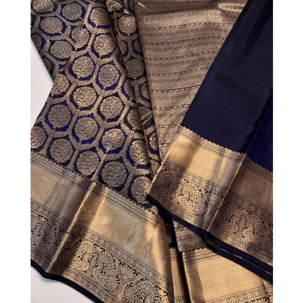 Women's Silk Printed Saree With Unstitched Blouse 5.5 Mtr (Navy Blue)