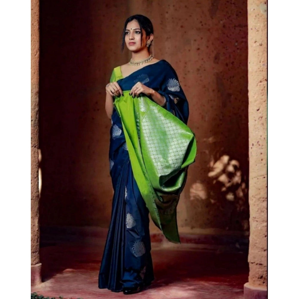 Women's Silk Printed Saree With Unstitched Blouse 5.5 Mtr (Navy Blue)