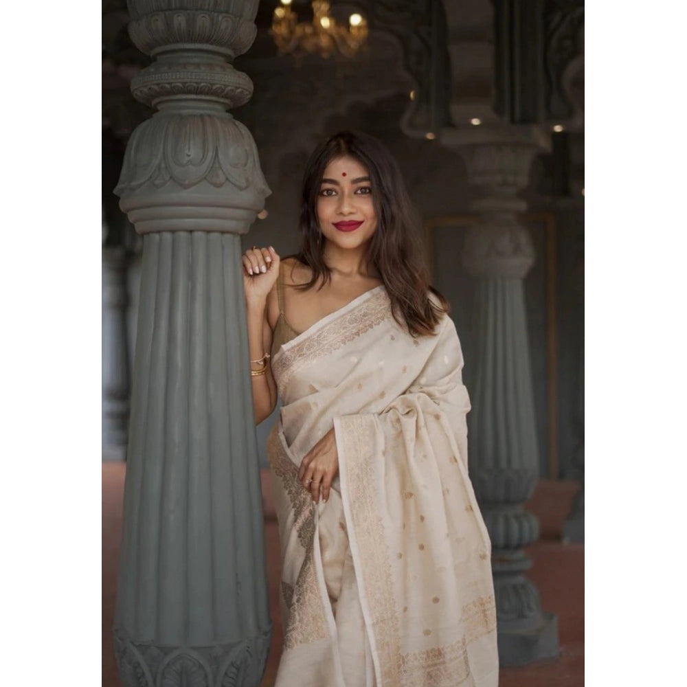 Women's Cotton Printed Saree With Unstitched Blouse 5.5 Mtr (Cream)