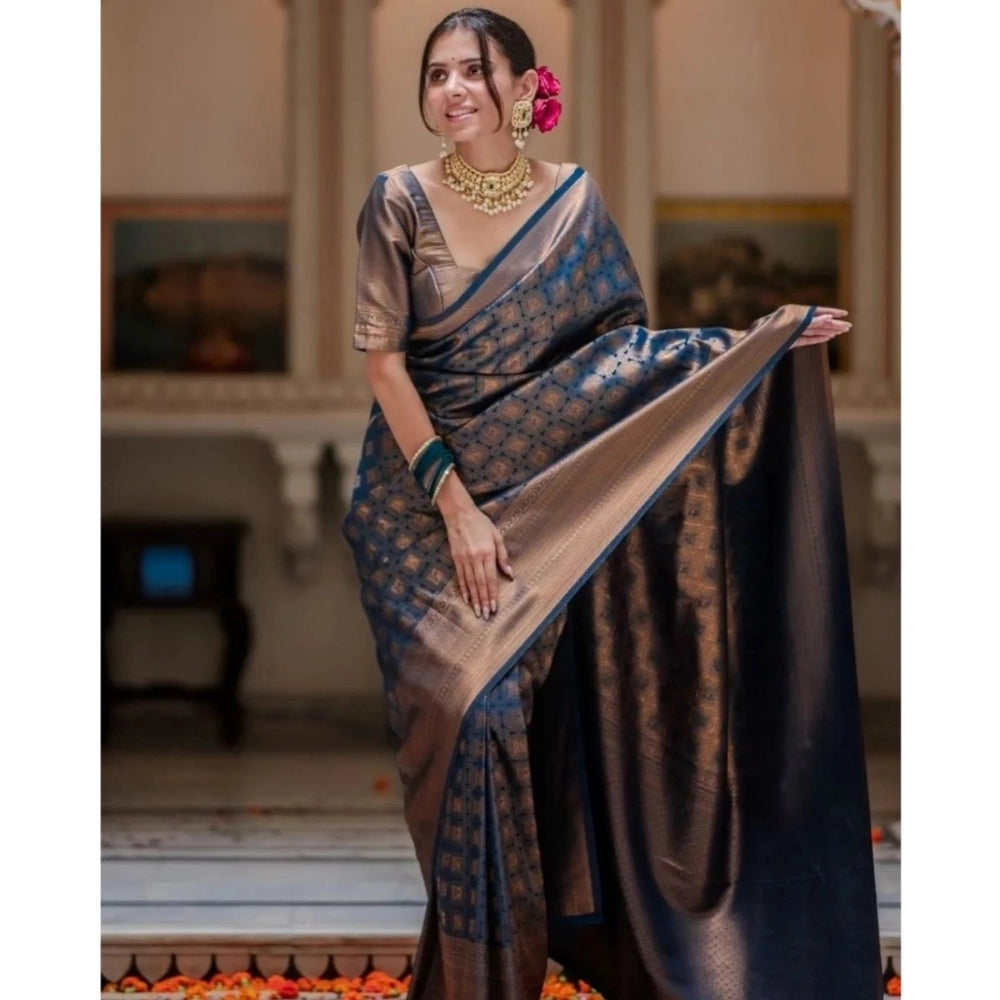Women's Silk Printed Saree With Unstitched Blouse 5.5 Mtr (Blue)