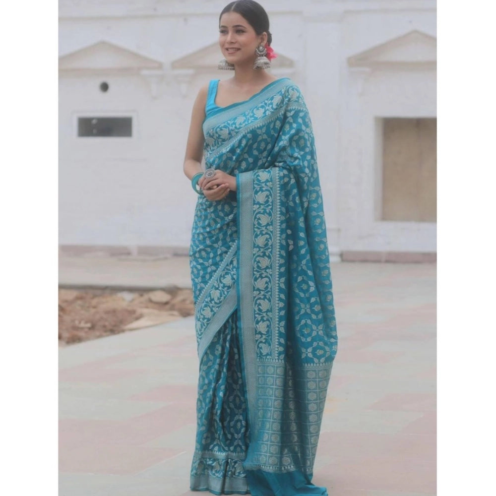Women's Silk Printed Saree With Unstitched Blouse 5.5 Mtr (Sky Blue)