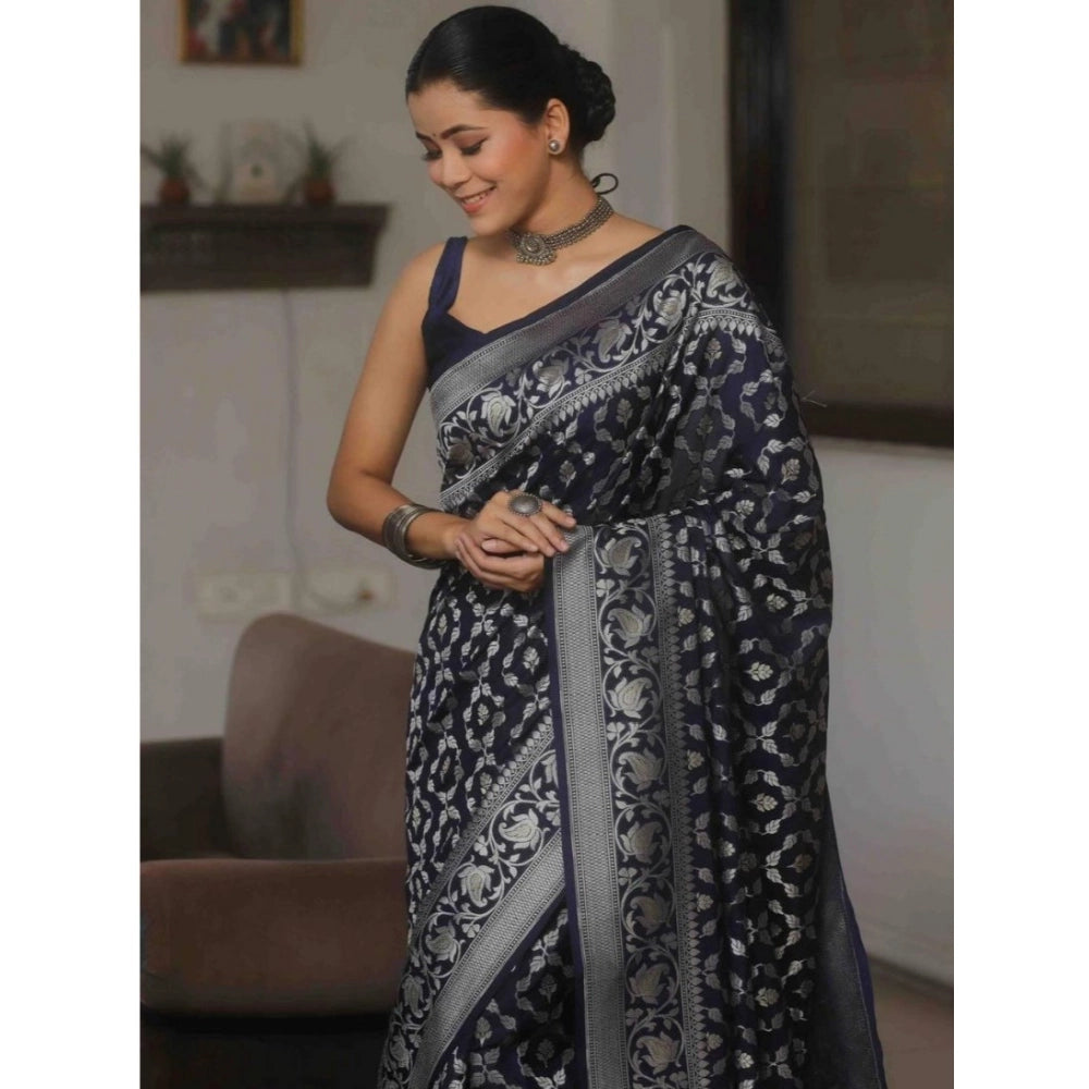 Women's Silk Printed Saree With Unstitched Blouse 5.5 Mtr (Navy Blue)