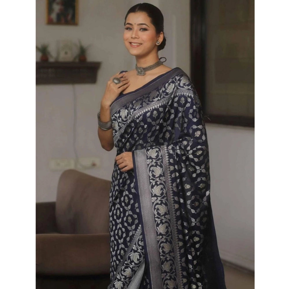 Women's Silk Printed Saree With Unstitched Blouse 5.5 Mtr (Navy Blue)
