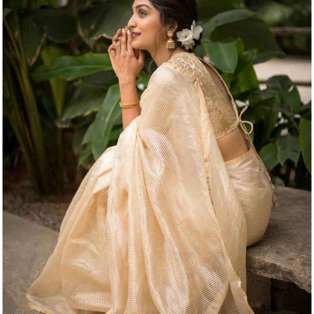 Women's Silk Printed Saree With Unstitched Blouse 5.5 Mtr (Off White)