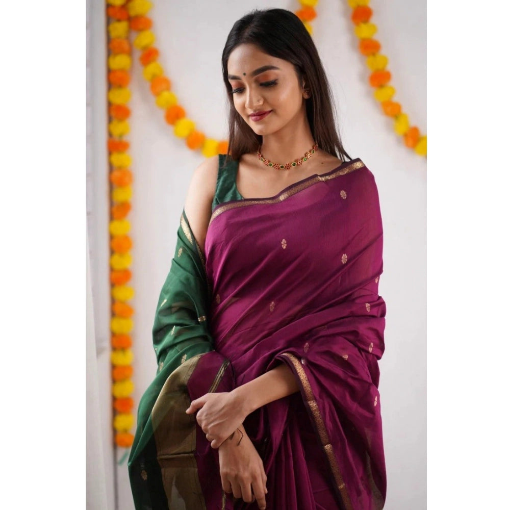 Women's Cotton Printed Saree With Unstitched Blouse 5.5 Mtr (Wine)