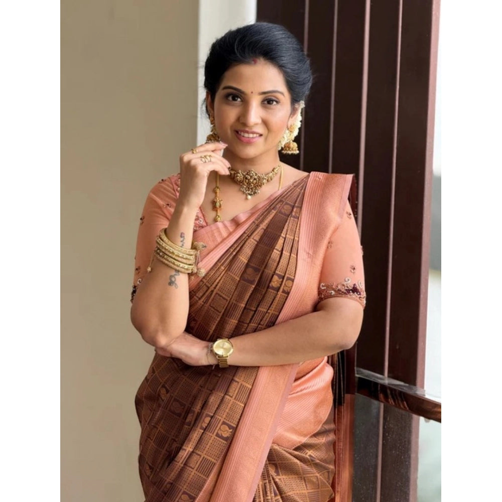 Women's Silk Printed Saree With Unstitched Blouse 5.5 Mtr (Brown)