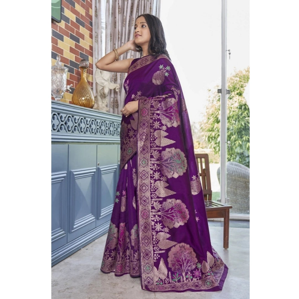 Women's Silk Printed Saree With Unstitched Blouse 5.5 Mtr (Purple)