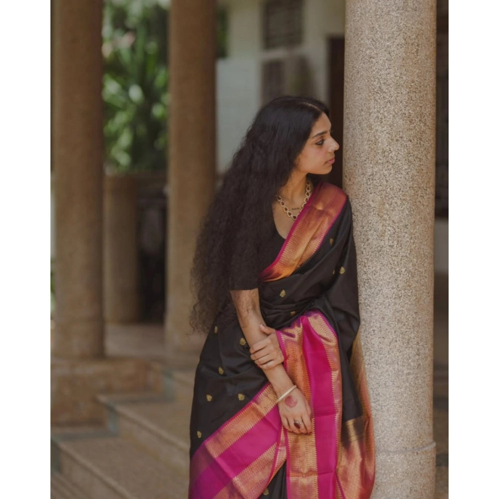 Women's Silk Printed Saree With Unstitched Blouse 5.5 Mtr (Black-Pink)