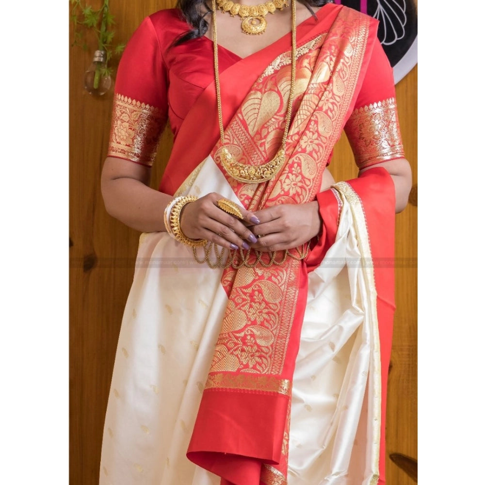 Women's Silk Printed Saree With Unstitched Blouse 5.5 Mtr (White-Red)