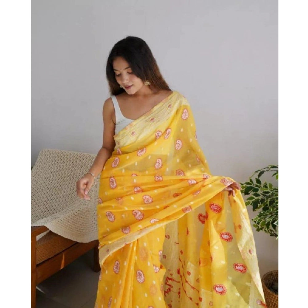 Women's Cotton Printed Saree With Unstitched Blouse 5.5 Mtr (Yellow)