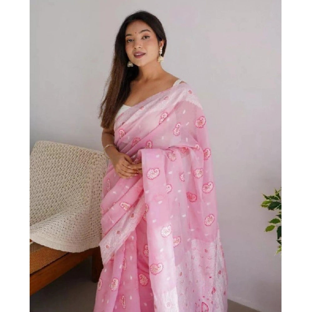Women's Cotton Printed Saree With Unstitched Blouse 5.5 Mtr (Pink)