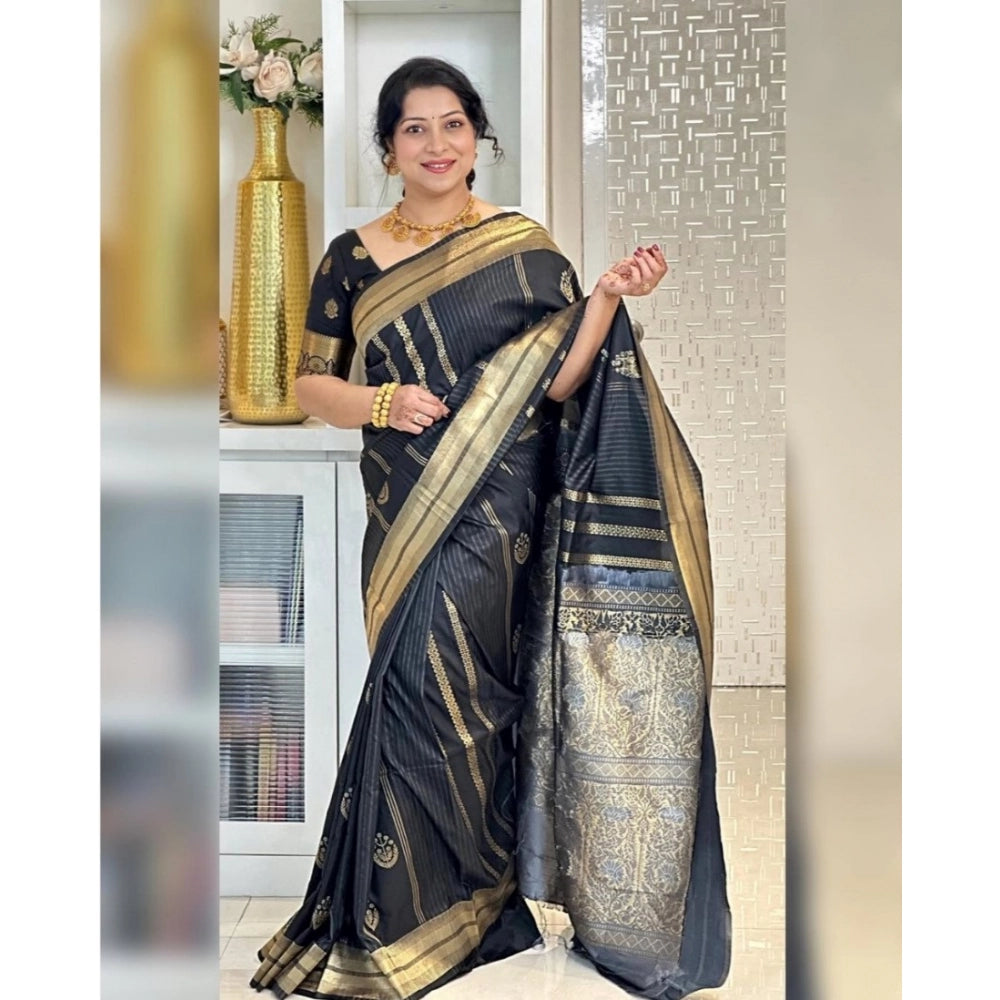 Women's Silk Printed Saree With Unstitched Blouse 5.5 Mtr (Black)