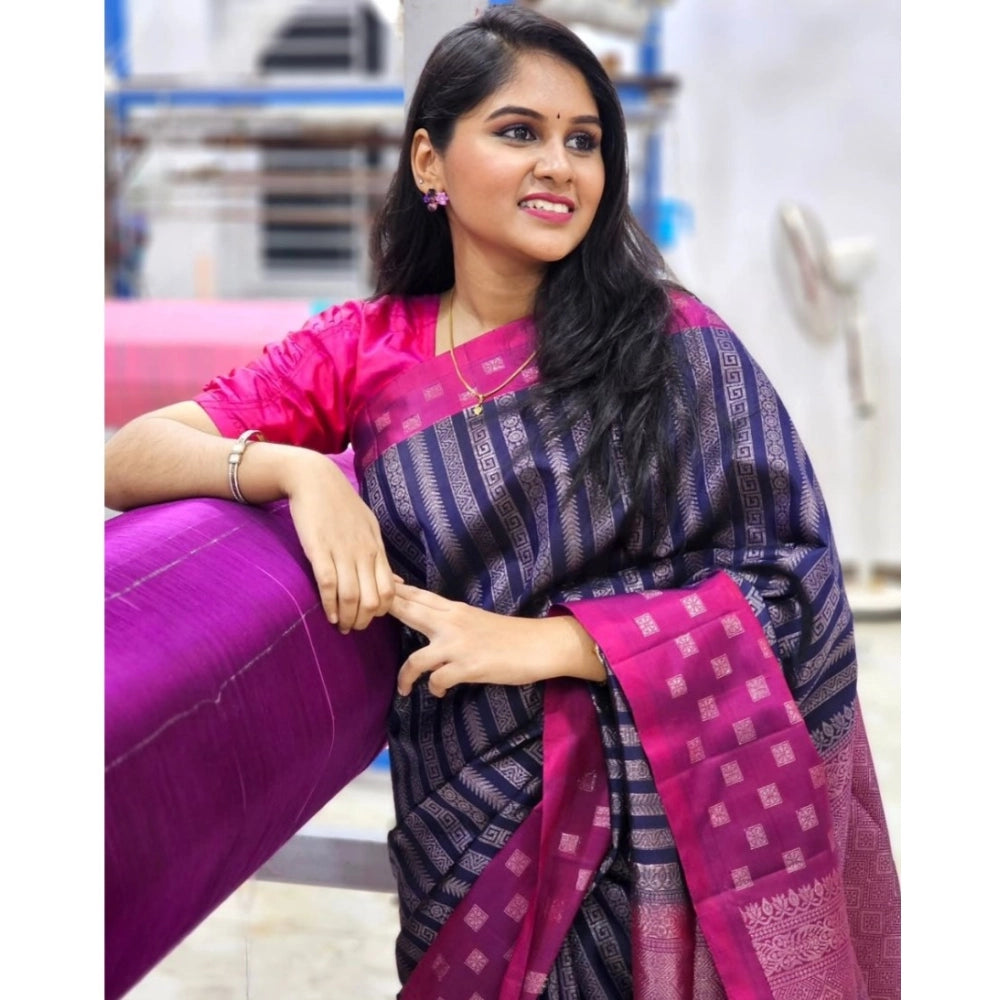 Women's Silk Printed Saree With Unstitched Blouse 5.5 Mtr (Navy Blue)