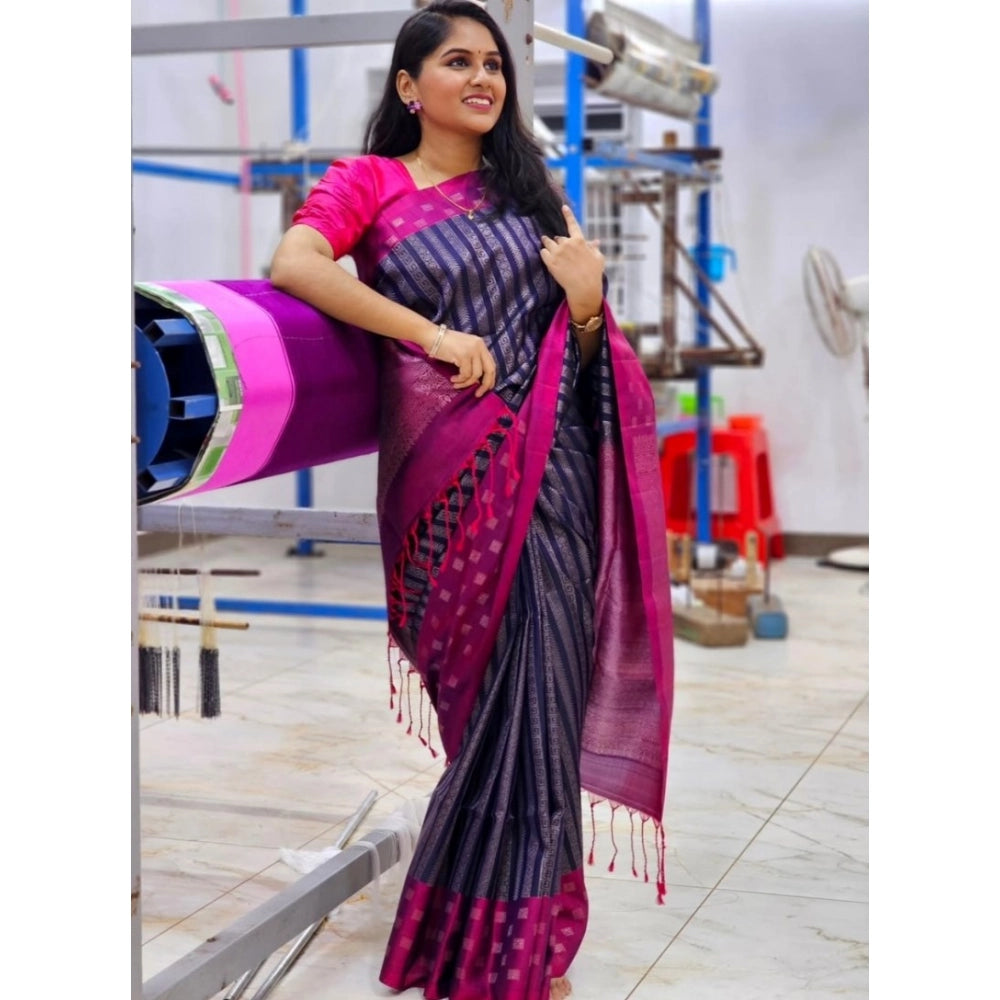 Women's Silk Printed Saree With Unstitched Blouse 5.5 Mtr (Navy Blue)