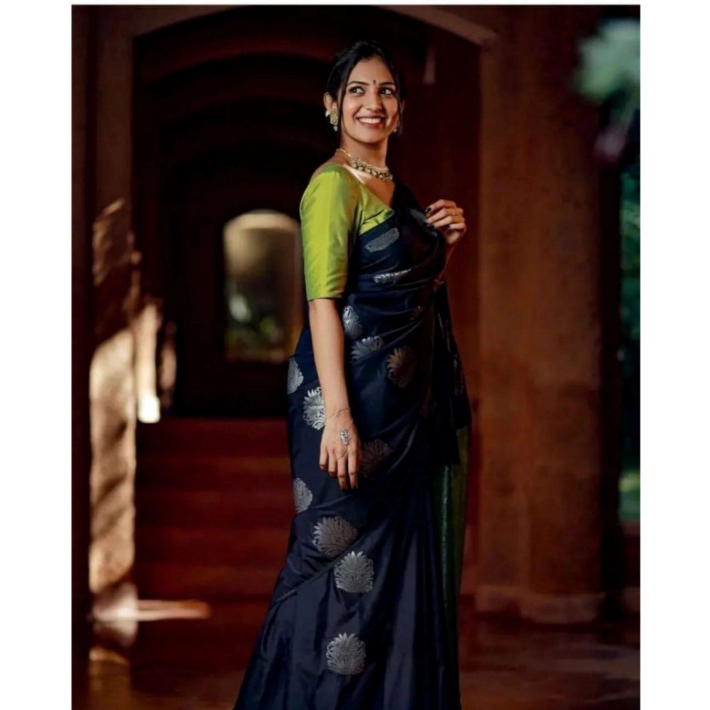 Women's Silk Printed Saree With Unstitched Blouse 5.5 Mtr (Navy Blue)