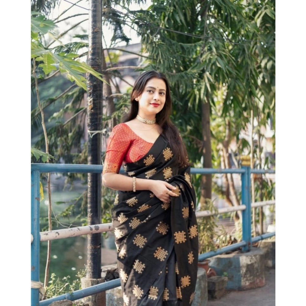 Women's Silk Printed Saree With Unstitched Blouse 5.5 Mtr (Blacl-Orange)