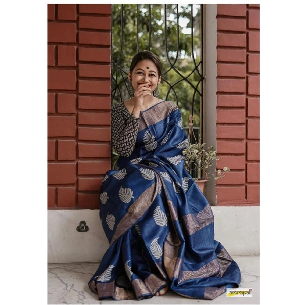 Women's Silk Printed Saree With Unstitched Blouse 5.5 Mtr (Navy Blue)