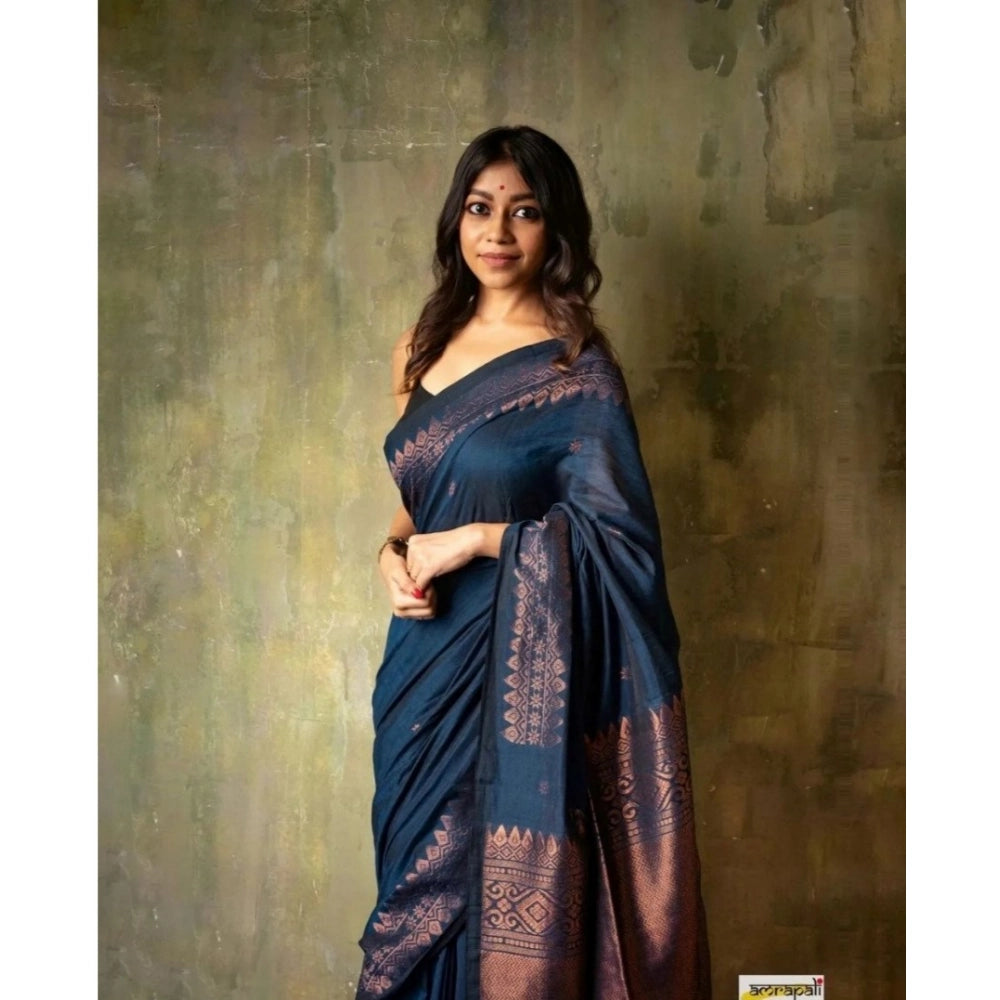 Women's Silk Printed Saree With Unstitched Blouse 5.5 Mtr (Navy Blue)