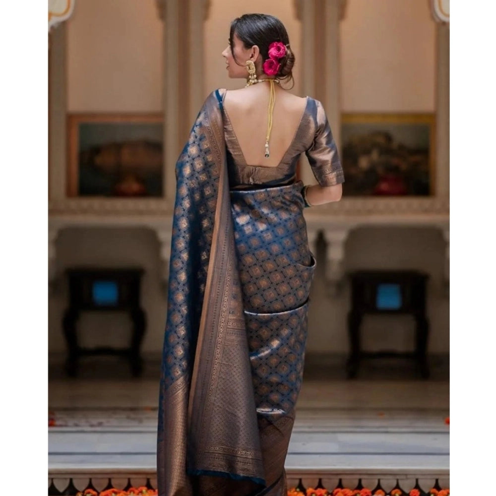Women's Silk Printed Saree With Unstitched Blouse 5.5 Mtr (Blue)